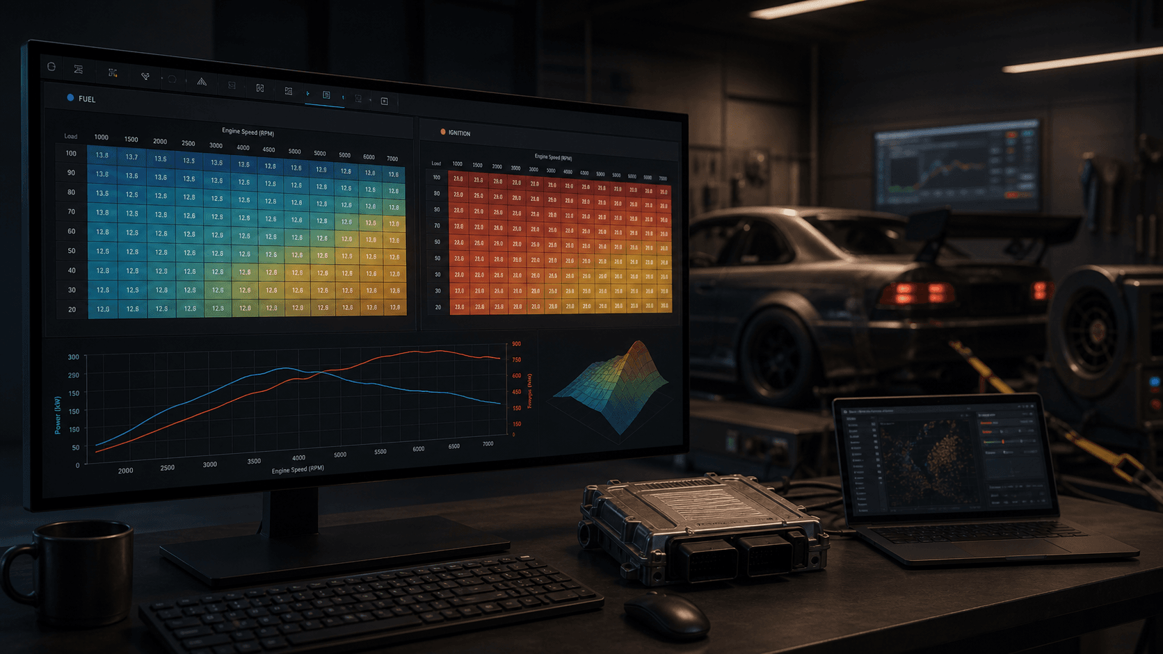 AI-generated concept of fuel and ignition calibration maps in a tuning garage