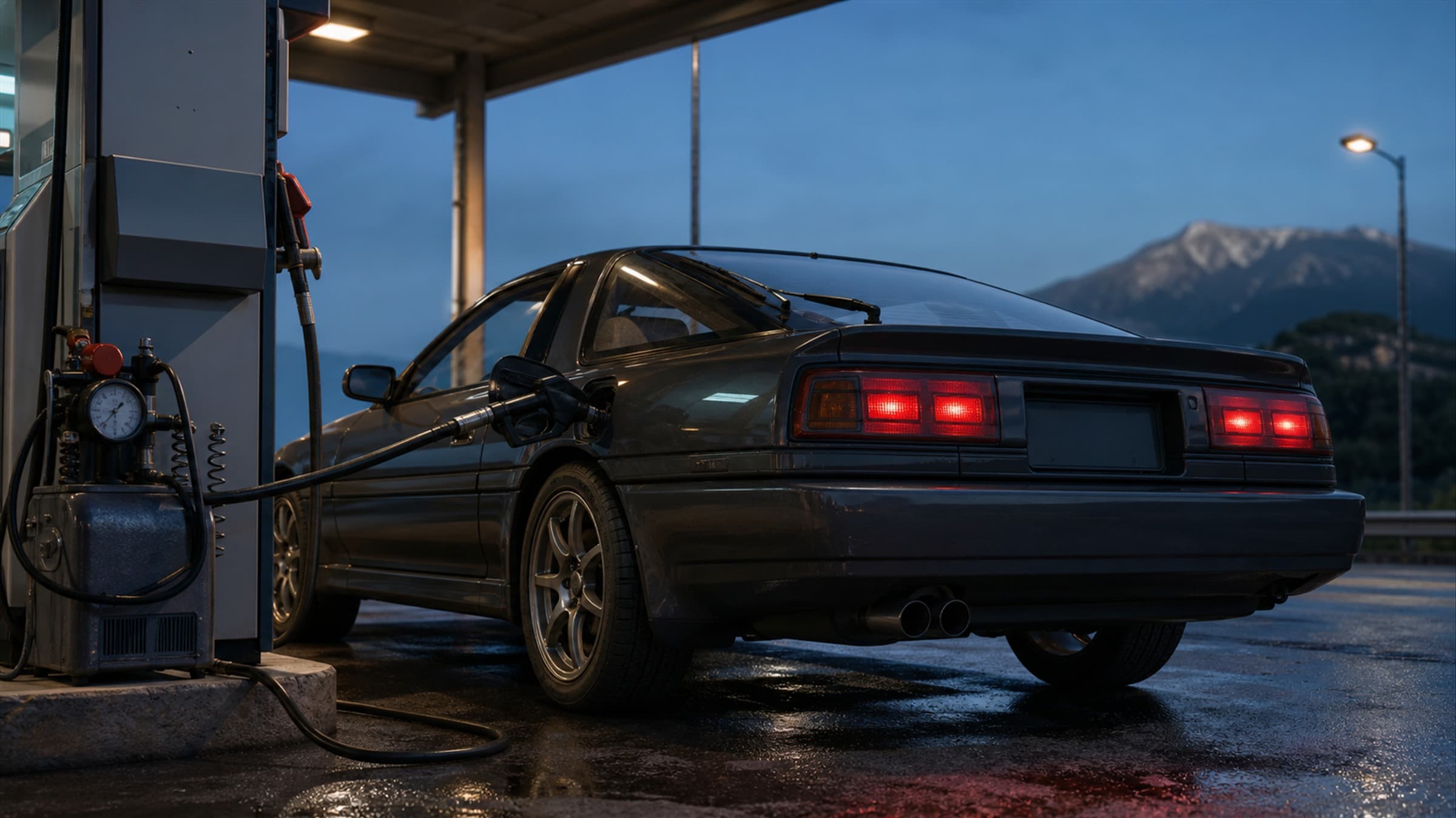 AI-generated concept of a Project Tourge-style coupe refuelling beside tyre-service equipment