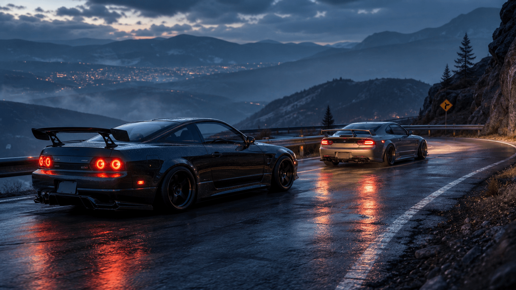 AI-generated concept of two modified cars driving together on a wet mountain road