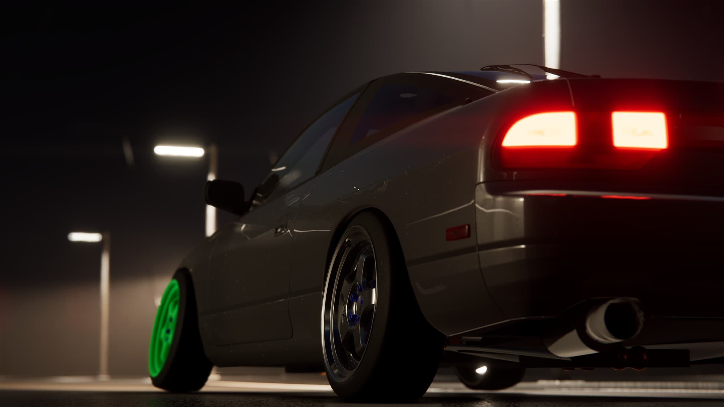 Wheel and suspension detail under night lighting